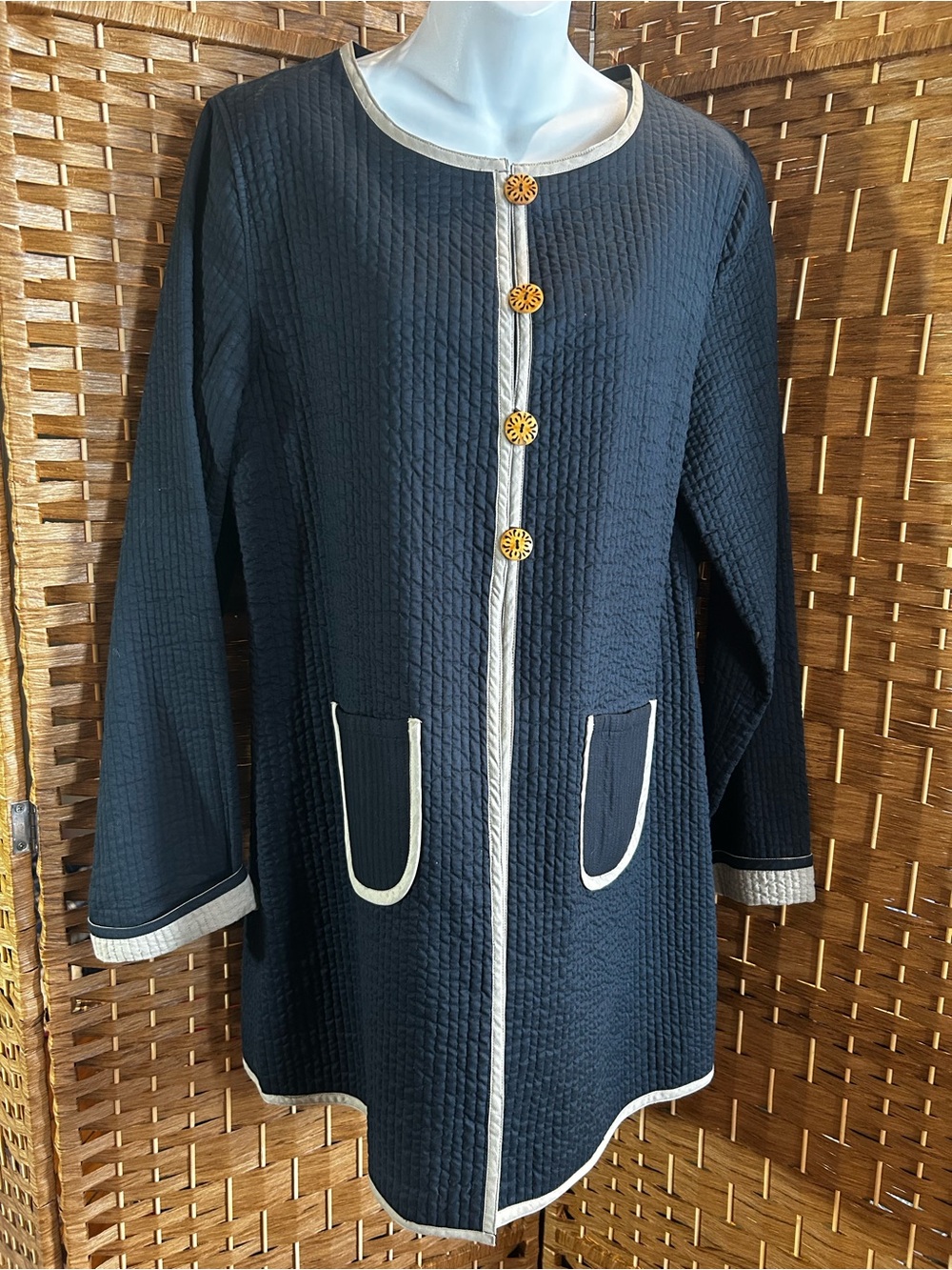 Soft Surroundings Reversible Quilted Jacket Navy Taupe Wooden Buttons Sz M